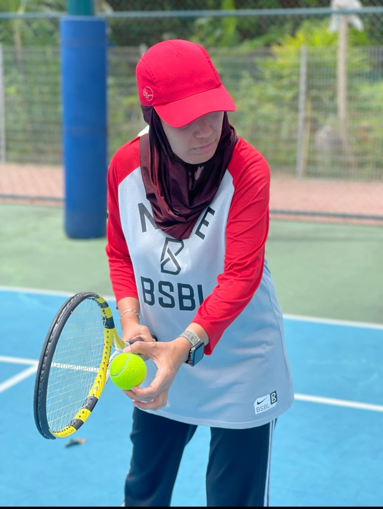 Sporty Red Hijabcap (CLEARANCE) with attached dri fit snood